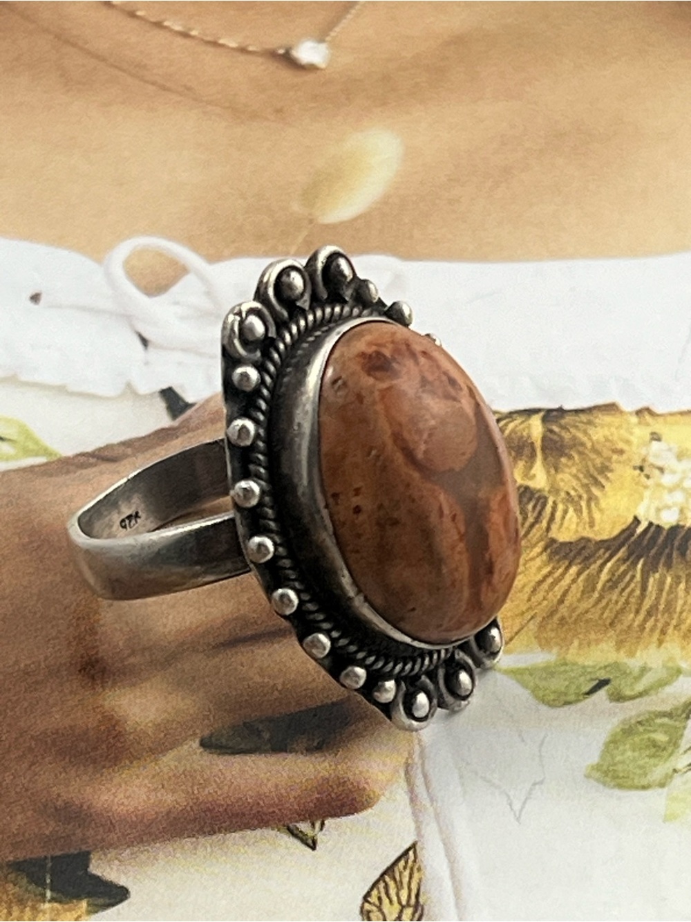 925 Sterling Silver Boho Chunky Oval Cabochon Stone Ring Unique Vintage Jewelry